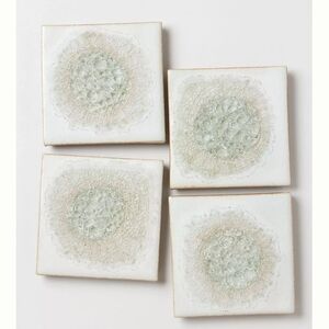 Anthropologie Celestial Glazed crackle Glass Square Coaster Set of 4 White geode